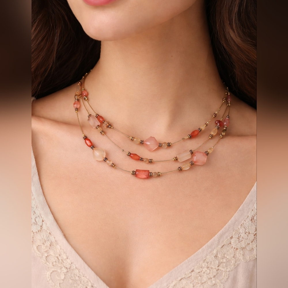 Vintage Elegant Multi-Strand Pink Floating Beaded Station Necklace